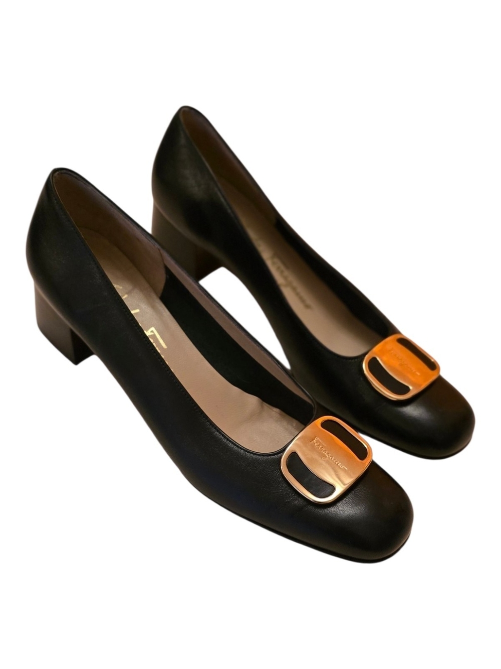 Salvatore Ferragamo Narrow Leather Heel Pumps with Gold Accent